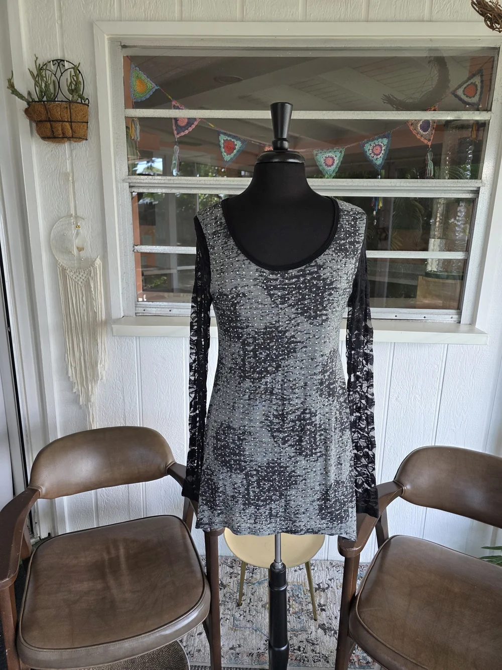Vintage Y2K Vocal Bling Baddie Black and Gray Long Sleeve Tee Lace Indie Sleeze